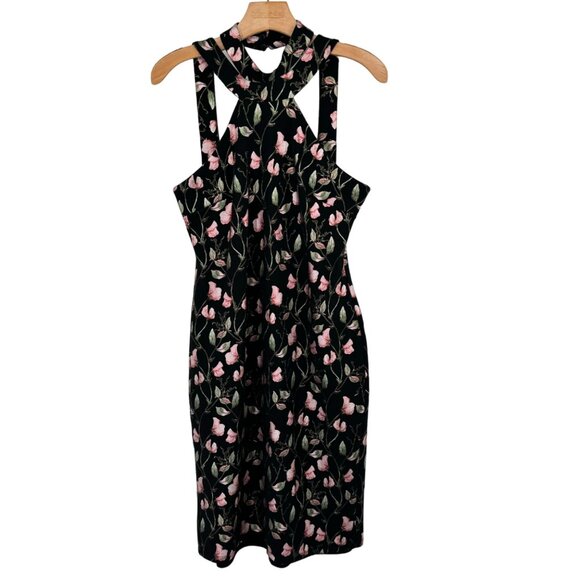 Bebe Floral Print  Halter Black & Pink metallic floral Midi Dress size 12 womens - Picture 1 of 10